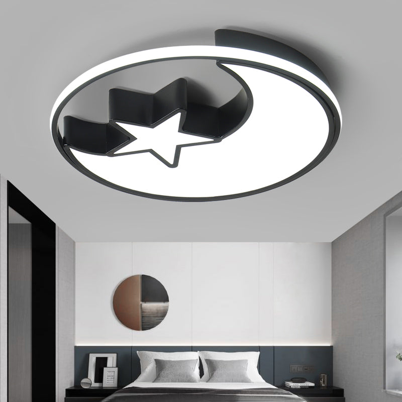 Modern LED Flush Mounted Lamp: Black Crescent and Star Ceiling Light with Acrylic Shade for Kids