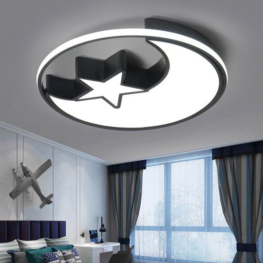 Modern LED Flush Mounted Lamp: Black Crescent and Star Ceiling Light with Acrylic Shade for Kids