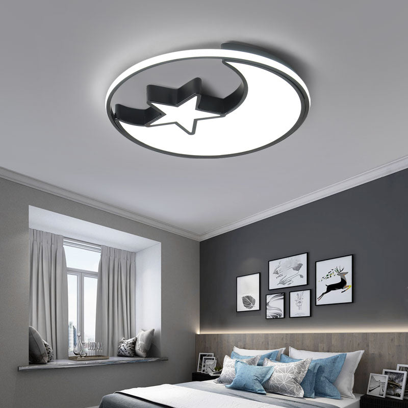 Modern LED Flush Mounted Lamp: Black Crescent and Star Ceiling Light with Acrylic Shade for Kids