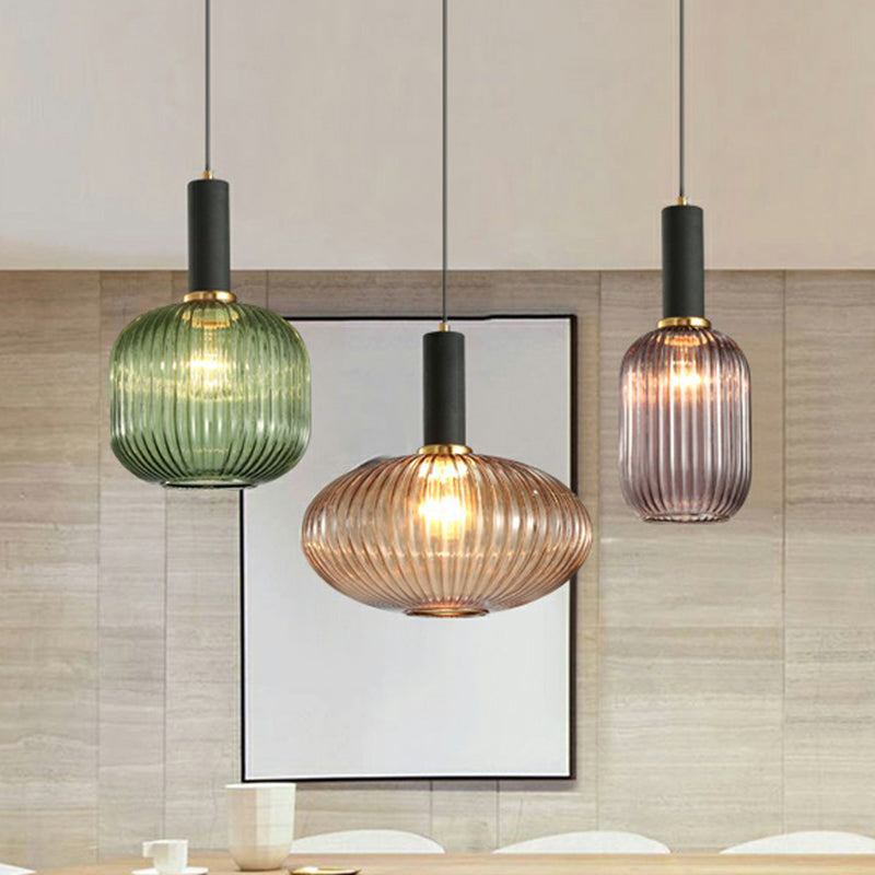 Minimalist Pendulum Light Fixture - Ribbed Glass, Bottle Shaped Design - 1-Light Dining Room Hanging Light
