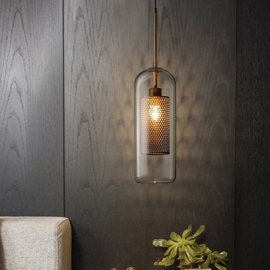 Suspension moderne en verre transparent avec finition en laiton - Design géométrique et intérieur en maille