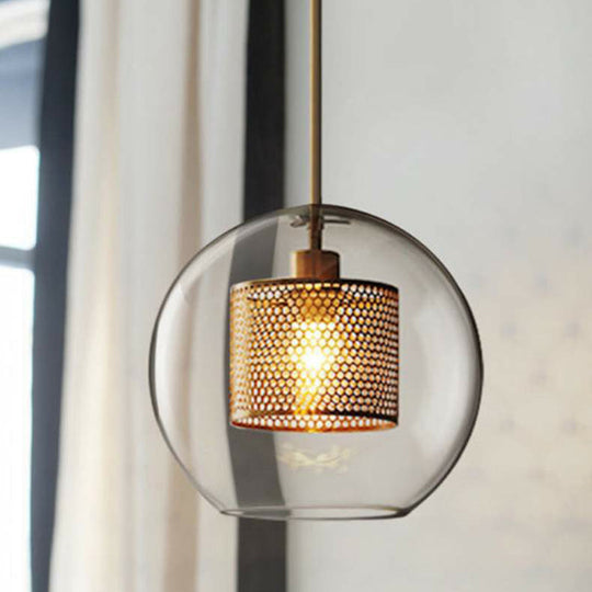 Postmodern Geometric Glass Ceiling Pendant With Brass Finish: Clear Mesh-Inside Hanging Light