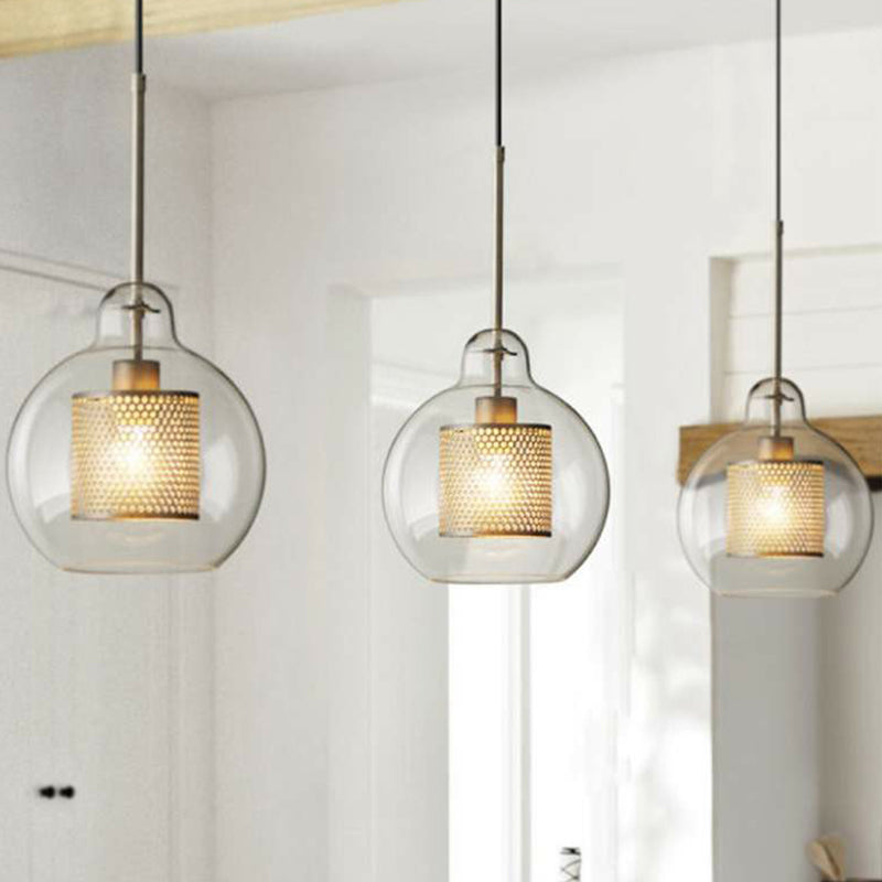 Postmodern Geometric Glass Ceiling Pendant With Brass Finish: Clear Mesh-Inside Hanging Light