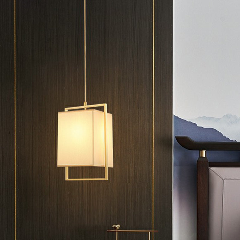 Modern Gold Drop Pendant With Rectangular Fabric Shade - Bedroom Hanging Light