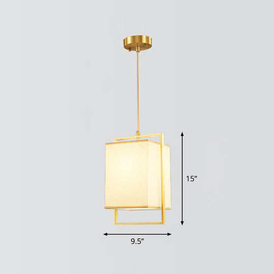 Modern Gold Drop Pendant With Rectangular Fabric Shade - Bedroom Hanging Light