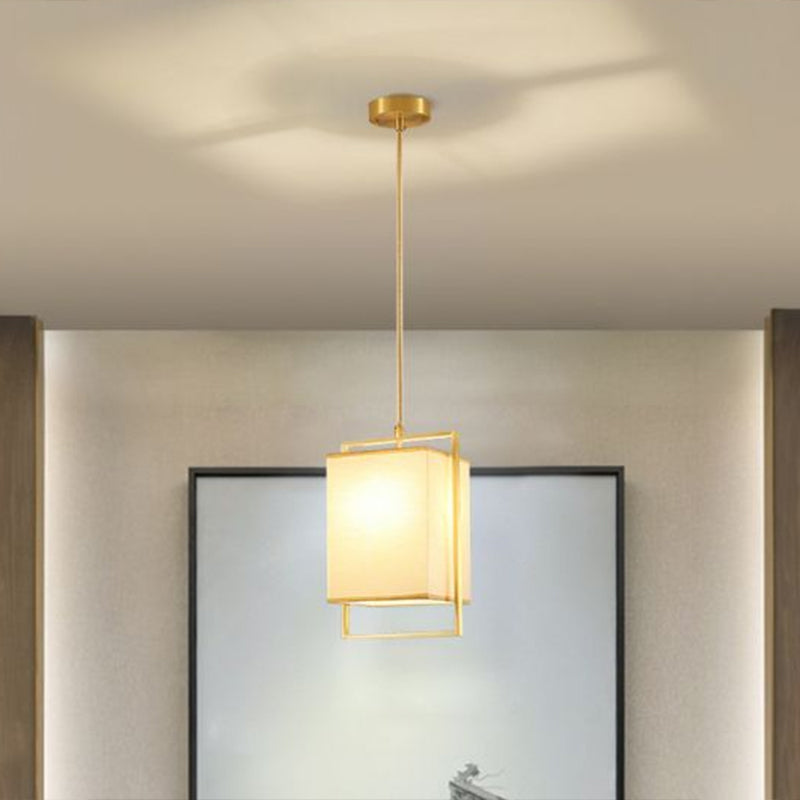 Modern Gold Drop Pendant Light with Rectangular Fabric Shade for Bedroom