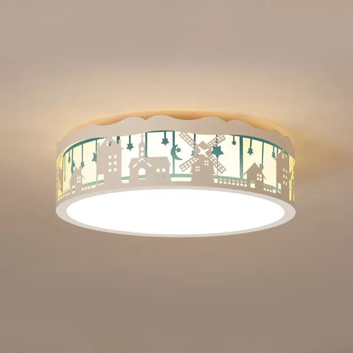 Country View Nordic Style Drum Ceiling Lamp for Living Rooms: Metal Flush Ceiling Light