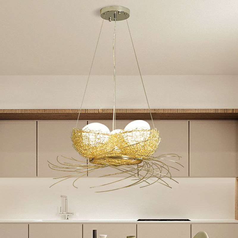 Modern Nest Pendant Light In Beige Aluminum - 3 Heads Chandelier Fixture For Dining Room