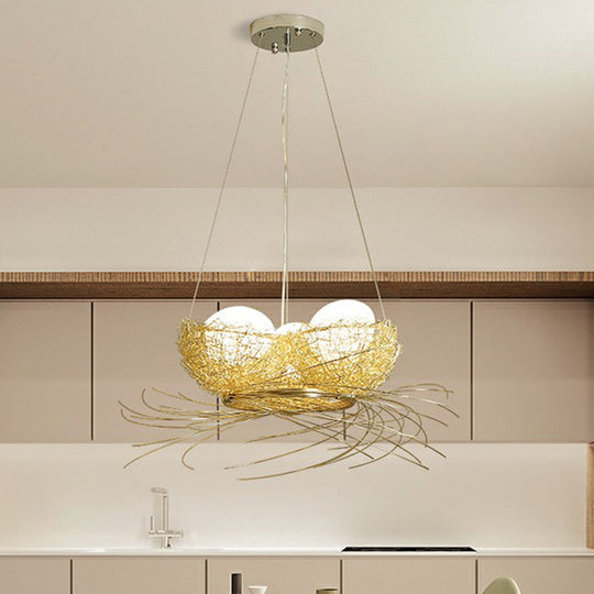 Modern Nest Pendant Light In Beige Aluminum - 3 Heads Chandelier Fixture For Dining Room