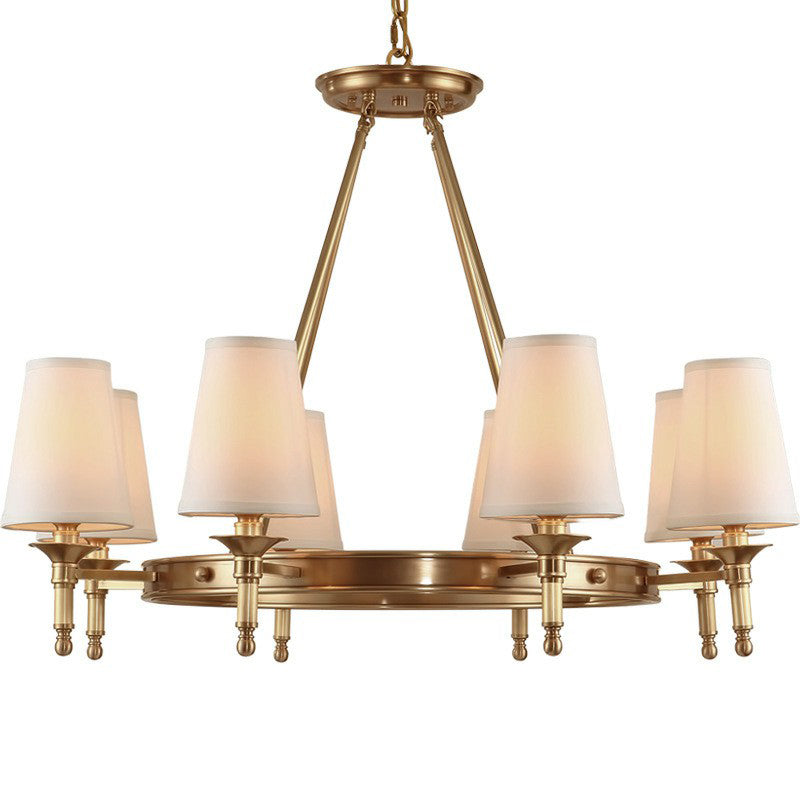 Brass Cone Hanging Ceiling Light - Minimalist Fabric Chandelier For Dining Room