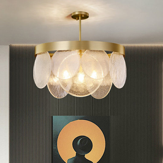 Seeded Glass Disc Pendant Chandelier - Postmodern 3-Light Brass Design For Living Room