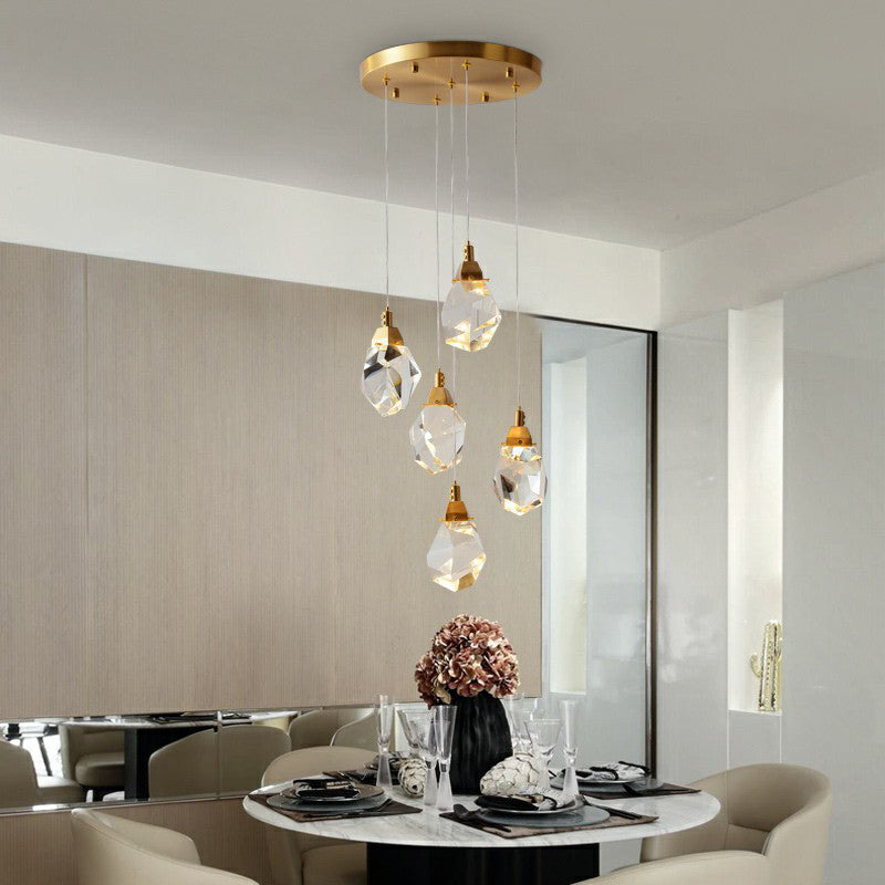 Minimalistic Brass LED Pendant Light with Crystal Gem Cluster Design for Staircases