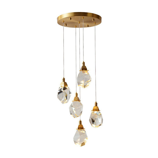 Minimalistic Brass LED Pendant Light with Crystal Gem Cluster Design for Staircases