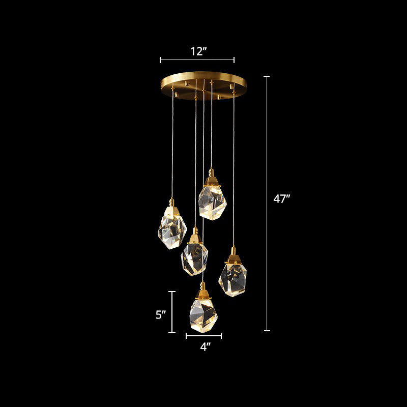 Minimalistic Brass LED Pendant Light with Crystal Gem Cluster Design for Staircases