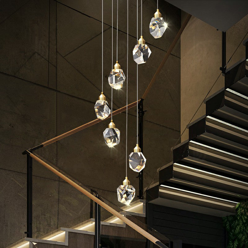 Minimalistic Multi Pendant Ceiling Light with Clear Faceted Crystal Gemstones - Perfect for Staircases