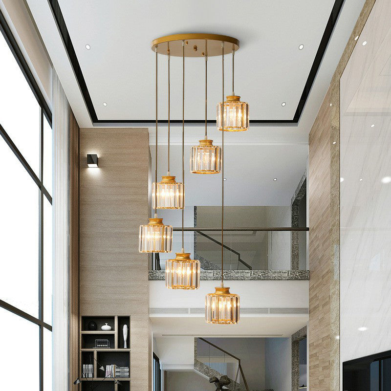 Prismatic Crystal Pendant Chandelier With Postmodern Cylindrical Design - Ideal For Stairways
