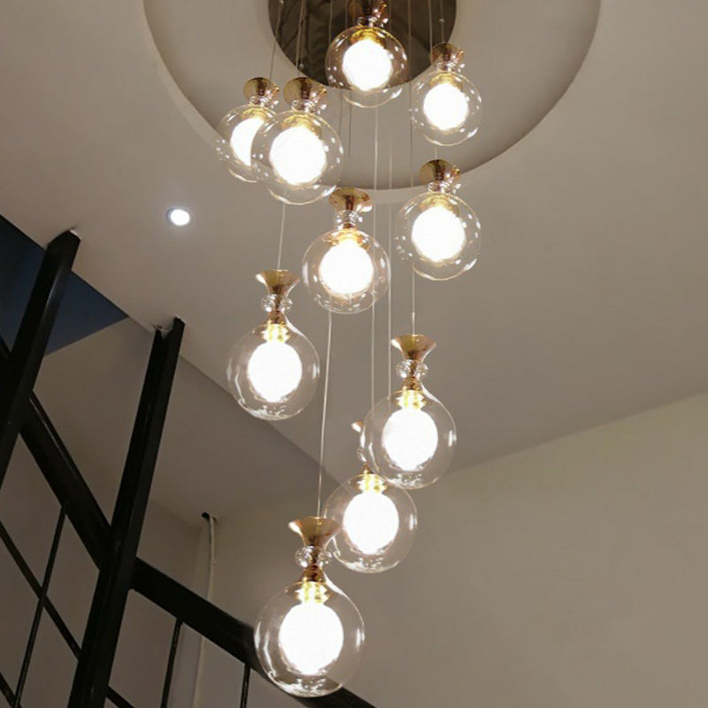 Minimalistic Gold Multi-Light Pendant Ceiling Lamp with Clear and Frosted Glass Ball Shades for Apartments