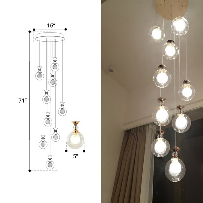 Minimalistic Gold Multi-Light Pendant Ceiling Lamp with Clear and Frosted Glass Ball Shades for Apartments