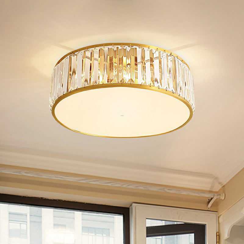 Prismatic Optic Crystal Ceiling Lamp: Simple Drum Shape, Clear Flush Mount Lighting for Bedrooms