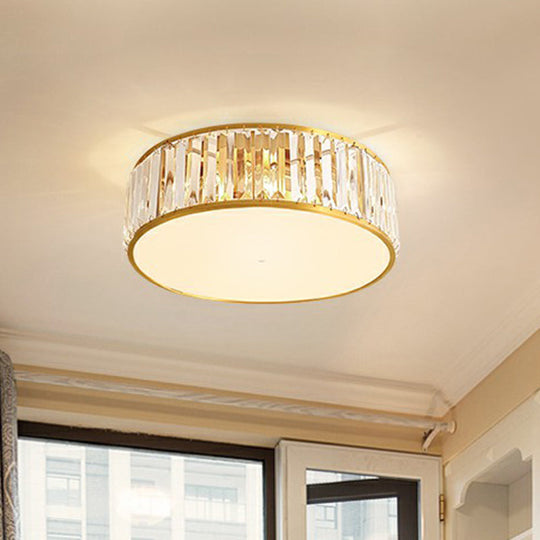 Prismatic Optic Crystal Ceiling Lamp: Simple Drum Shape, Clear Flush Mount Lighting for Bedrooms