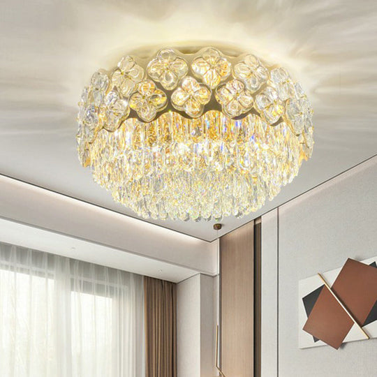 Opulent Crystal Drum Shaped 3-Light Ceiling Light for Bedrooms - Minimalist Clear Flush Mount