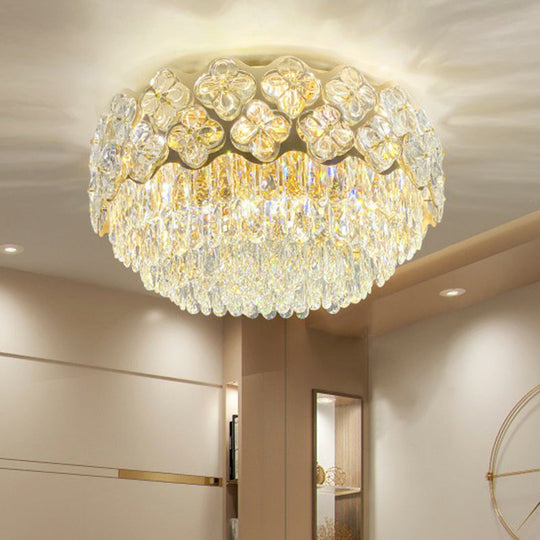 Opulent Crystal Drum Shaped 3-Light Ceiling Light for Bedrooms - Minimalist Clear Flush Mount