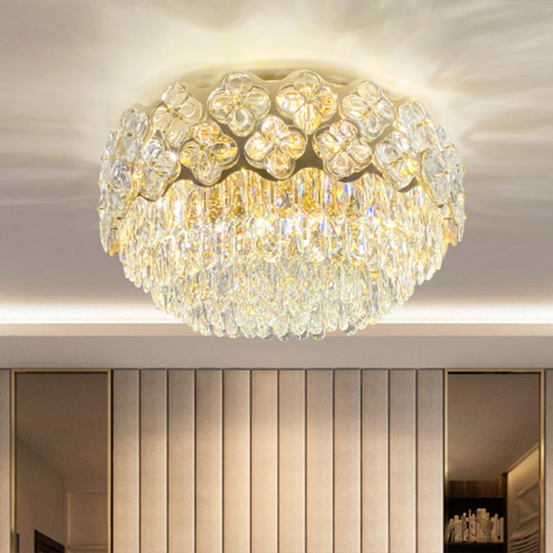 Opulent Crystal Drum Shaped 3-Light Ceiling Light for Bedrooms - Minimalist Clear Flush Mount