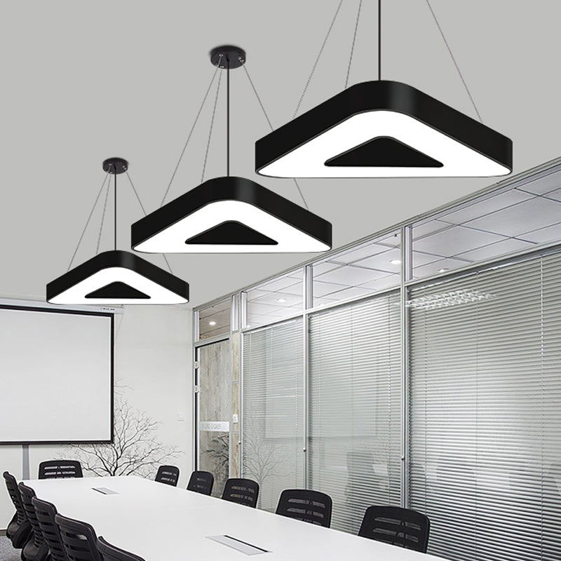 Modern Triangle Pendant Lamp - Metal LED Hanging Light for Office with White/Black Finish and Wide Sizes