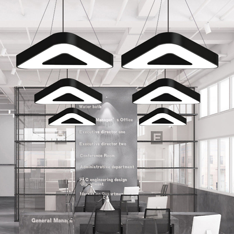 Modern Triangle Pendant Lamp - Metal LED Hanging Light for Office with White/Black Finish and Wide Sizes