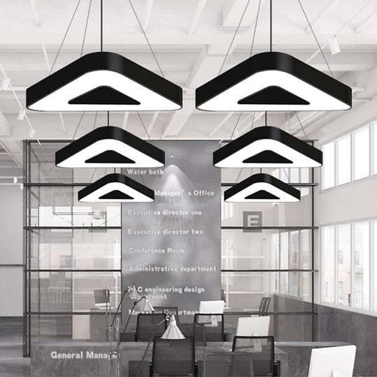 Modern Triangle Pendant Lamp - Metal LED Hanging Light for Office with White/Black Finish and Wide Sizes