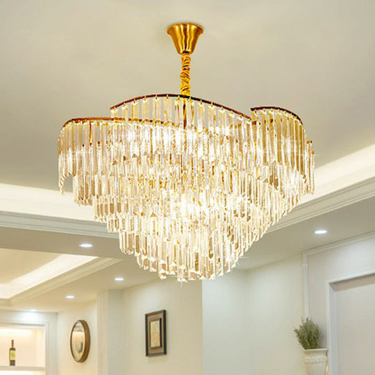 Minimalist Gold Finish Conical Crystal Chandelier For Living Room - Prismatic Suspension Light 14 /