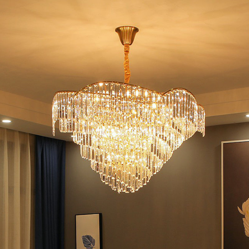 Minimalist Gold Finish Conical Crystal Chandelier For Living Room - Prismatic Suspension Light