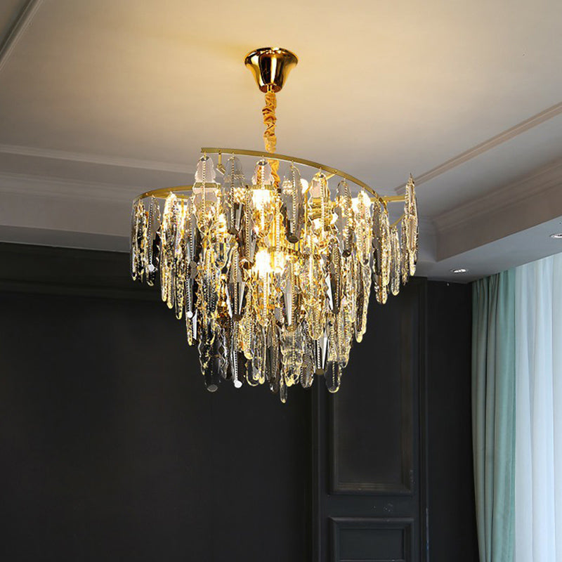 Smoke Grey Crystal Leaf Chandelier - Postmodern 10-Light Suspension Light For Living Room Gray