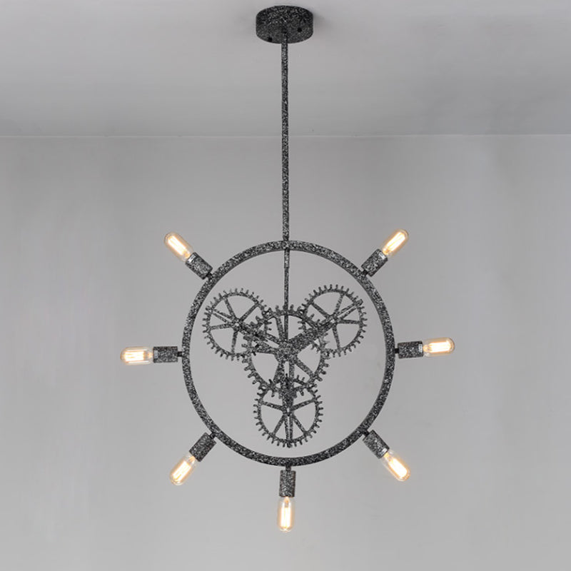 Industrial Hanging Chandelier With Exposed Bulb Design - 7/8 Bulbs Iron Frame Black/Silver Gear