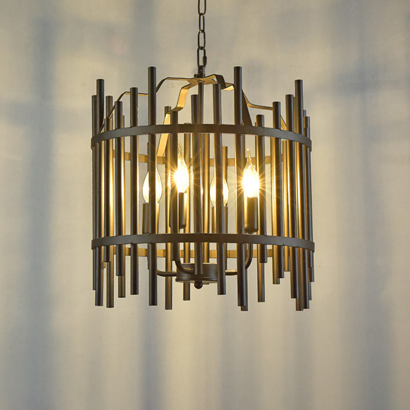 Traditional 4-Light Metal Chandelier - Strapped Cage Design For Dining Room Pendant Lighting