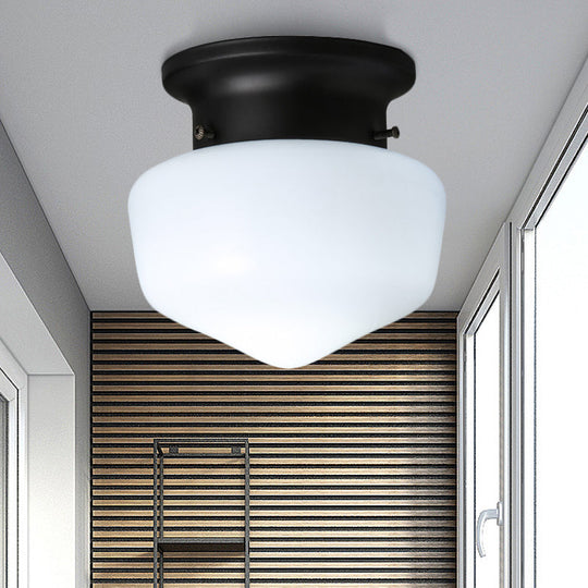 Modern Schoolhouse - White Glass Flush Mount Ceiling Light Fixture - Black Finish