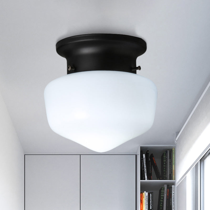 Modern Schoolhouse - White Glass Flush Mount Ceiling Light Fixture - Black Finish