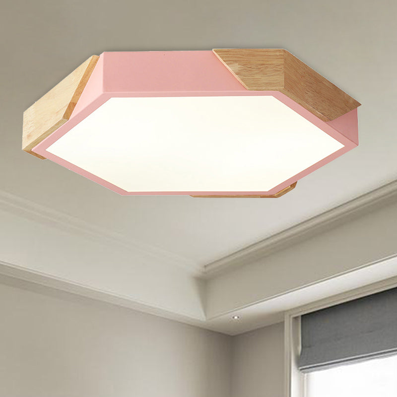 Hexagon Ceiling Light for Kindergarten - Slim Panel Macaron Loft LED in Warm Light (Green/Pink/White/Yellow)