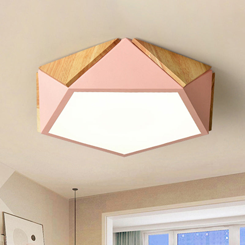 Macron Style Pentagon Study Room Ceiling Lamp in Green/Pink/Yellow - Acrylic & Wood, LED Ceiling Mount Light - 16.5"/20.5" Wide
