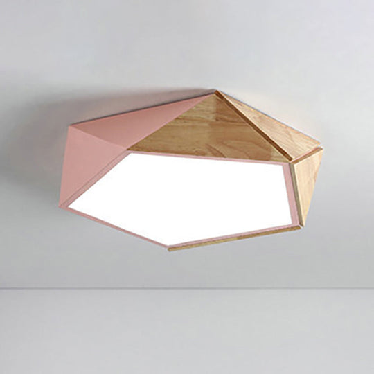 Macron Style Pentagon Study Room Ceiling Lamp in Green/Pink/Yellow - Acrylic & Wood, LED Ceiling Mount Light - 16.5"/20.5" Wide