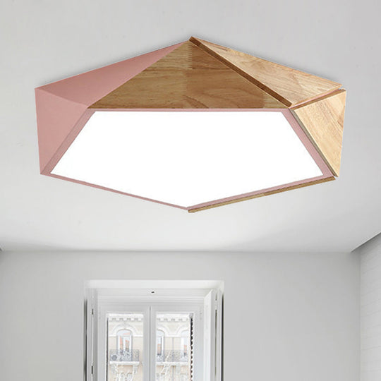 Macron Style Pentagon Study Room Ceiling Lamp in Green/Pink/Yellow - Acrylic & Wood, LED Ceiling Mount Light - 16.5"/20.5" Wide
