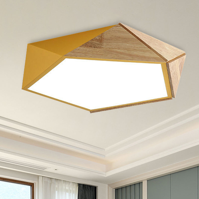 Macron Style Pentagon Study Room Ceiling Lamp in Green/Pink/Yellow - Acrylic & Wood, LED Ceiling Mount Light - 16.5"/20.5" Wide