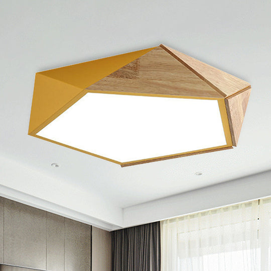 Macron Style Pentagon Study Room Ceiling Lamp in Green/Pink/Yellow - Acrylic & Wood, LED Ceiling Mount Light - 16.5"/20.5" Wide
