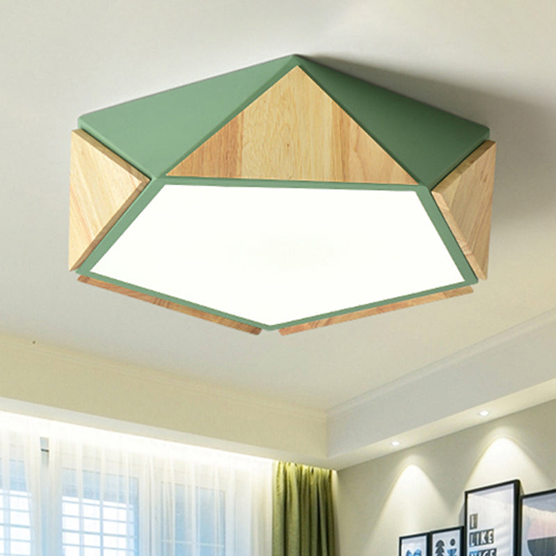 Macron Style Pentagon Study Room Ceiling Lamp in Green/Pink/Yellow - Acrylic & Wood, LED Ceiling Mount Light - 16.5"/20.5" Wide