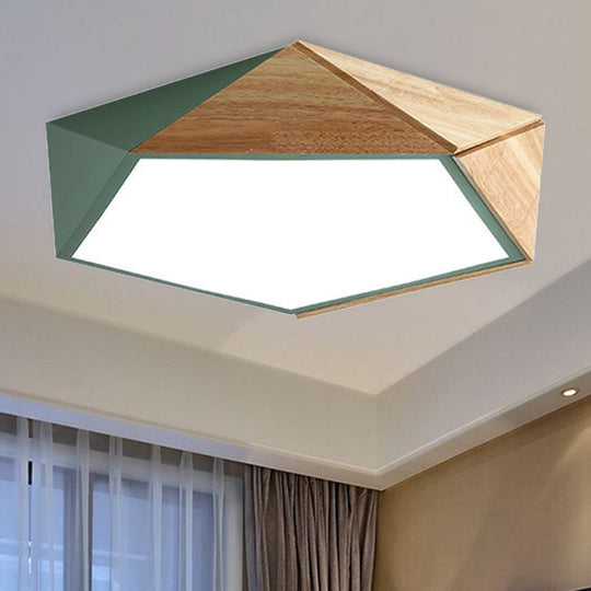 Macron Style Pentagon Study Room Ceiling Lamp in Green/Pink/Yellow - Acrylic & Wood, LED Ceiling Mount Light - 16.5"/20.5" Wide