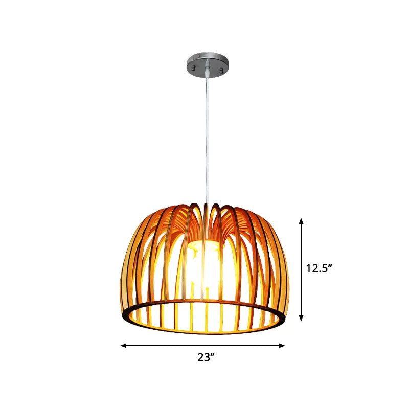 Down Lighting Wooden Strip Hanging Ceiling Lamp - Beige Bowl Frame Asia Theme Ideal For Living Room