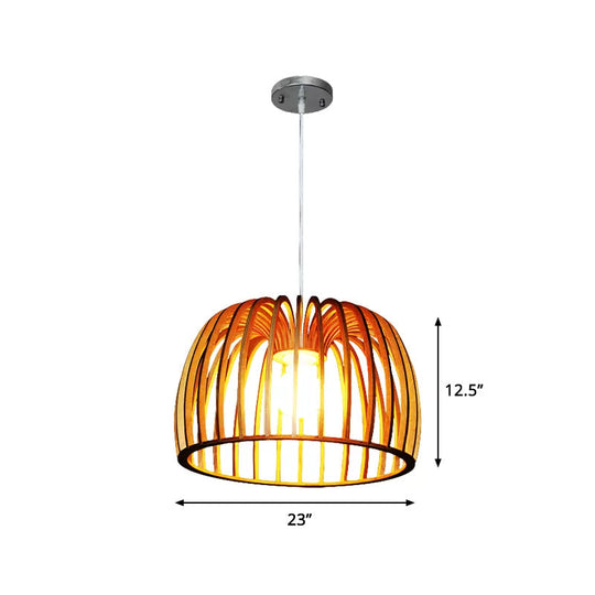Down Lighting Wooden Strip Hanging Ceiling Lamp - Beige Bowl Frame Asia Theme Ideal For Living Room