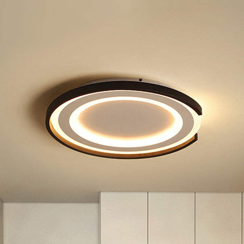 Simple Metal LED Flush Mount Light Fixture - Round Black/Black and White Bedroom Ceiling Light in Warm/White, 16"/20.5" Diameter