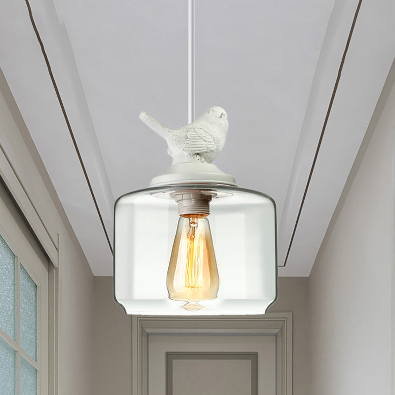 Modernist Pendant Lighting: Cylindrical/Barrel Shaped Hanging Lamp With Clear Glass Bird Design (1/5