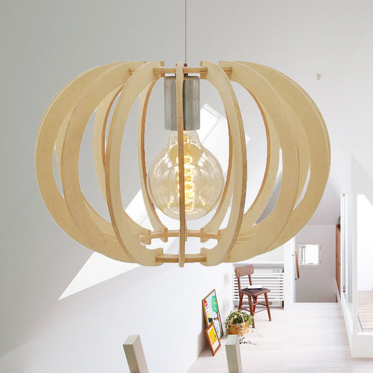 Modern Round Drum Pendant Light Fixture - Wood & Beige Restaurant Hanging Lamp